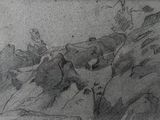 pencil drawing of a mountain scene with a person on a horse