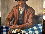 un tableau représentant un homme assis à une table avec un verre de vin