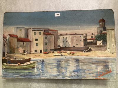 une image d'une peinture d'une ville au bord de l'eau