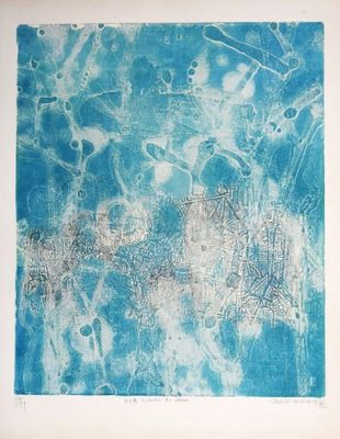 an image of a blue and white painting on a white wall