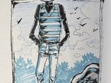 a drawing of a boy standing in front of a picture