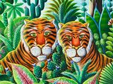 a painting of two tigers in the jungle surrounded by plants and cacti