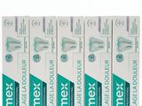 four tubes of toothpaste on a white background with a red ribbon