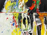 an image of a painting of people standing in front of a black background