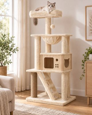 the cat is sitting on top of the cat tree in the living room