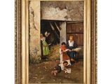un tableau représentant deux enfants et un chien devant une grange