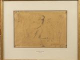 framed drawing of a man walking with a dog in a wood frame
