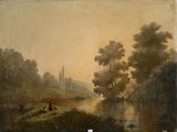 une image représentant un tableau où l'on voit une rivière, avec des arbres et un château en arrière-plan
