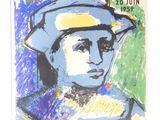 tableau représentant un homme portant un chapeau et une chemise bleue