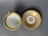 two cups and saucers are sitting side by side on a table