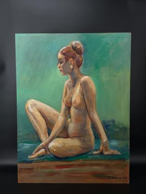 une peinture à l'huile représentant une femme nue assise par terre