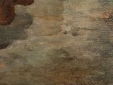 an oil painting of a man walking down a street with a dog