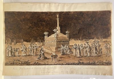 drawing of a group of people gathered around a monument in a field