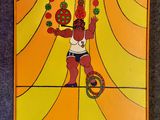 un tableau représentant un homme en équilibre sur une corde raide avec des balles