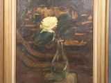 painting of a white rose in a glass vase on a table