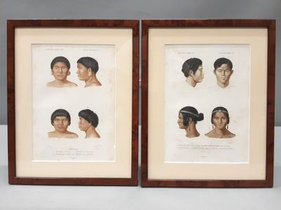 two framed prints of a man ' s head and a woman ' s face