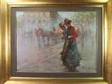 tableau représentant une femme marchant dans une rue, avec une calèche tirée par un cheval en arrière-plan