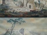 deux photos d'un tableau représentant un paysage avec du bétail et un château