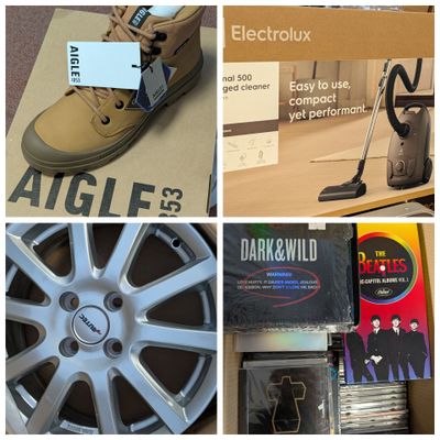 des photos de divers objets, notamment un aspirateur, des chaussures et d'autres articles