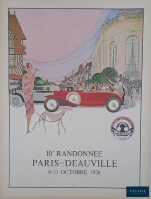 une affiche représentant une femme qui promène son chien devant une voiture