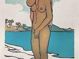 drawing of a nude woman standing on a beach with a pink hair