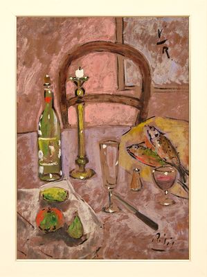 un tableau représentant un oiseau posé sur une table, à côté d'une bouteille de vin
