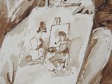 a drawing of a woman sitting on a chair in front of a man