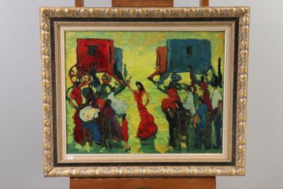 an oil painting of a group of people playing instruments in front of a building