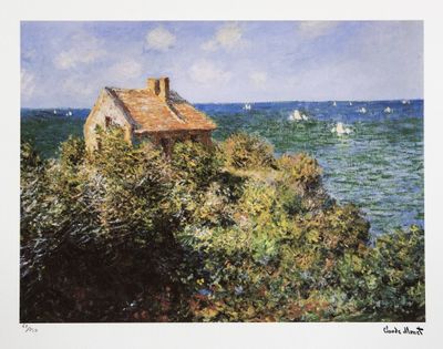 an image of a painting of a house on a cliff overlooking the ocean