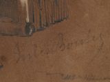 painting of a man sitting on a chair with a dog in front of him and a woman standing next to him