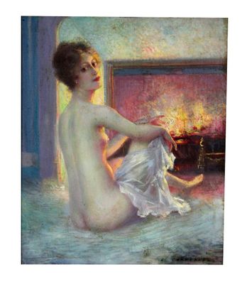une image représentant un tableau d'une femme nue assise devant une cheminée