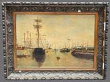 an oil painting of a harbor scene with ships in the water