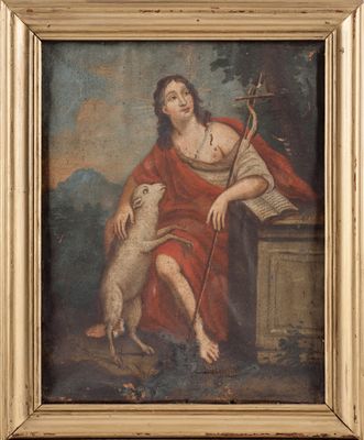 an old painting of a woman with a dog in a landscape
