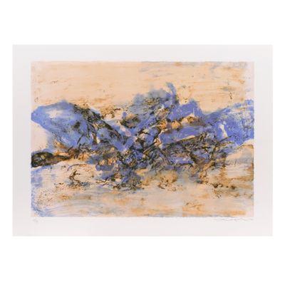 an image of a painting with blue and brown paint on a white background