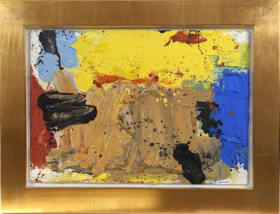 an abstract painting of yellow, blue, red, and black paint on a gold frame