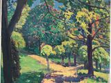 a painting of a path in a park with trees and grass