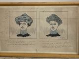 dessin représentant deux visages de femmes dans un cadre doré posé sur une table