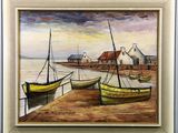 a painting of boats docked on the shore by the water