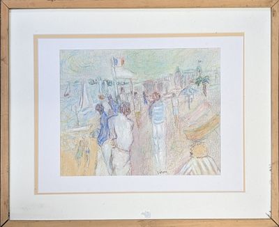tableau représentant un groupe de personnes se promenant sur une plage avec des parasols