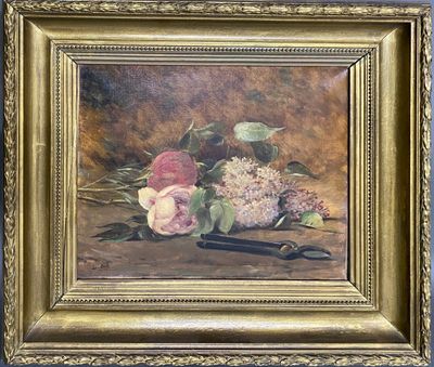 painting of a still life of flowers and a pair of scissors