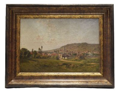 un tableau représentant une vue d'une ville avec une colline en arrière-plan