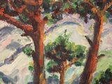 painting of trees and a mountain in the distance with a bird perched on one of them