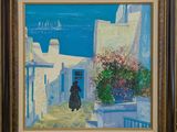 painting of a woman walking down a street with a sailboat in the background