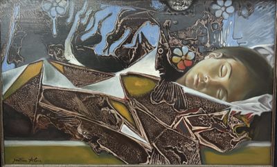 un tableau représentant une femme allongée sur un lit, à côté d'un vase