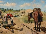 a painting of a man laying on the ground next to a horse