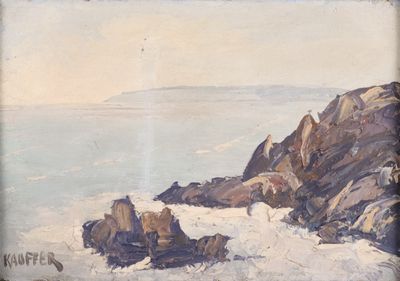 an image of a painting of a rocky coast with a lighthouse in the distance