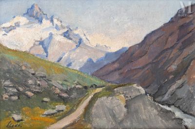painting of a mountain scene with a dirt road in the foreground