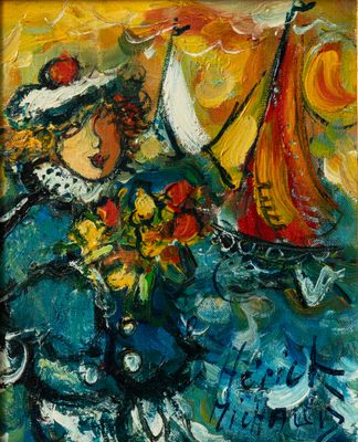 painting of a woman in a blue coat holding a bouquet of flowers and a sailboat