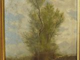 une peinture à l'huile représentant un arbre dans un champ, avec le ciel en arrière-plan