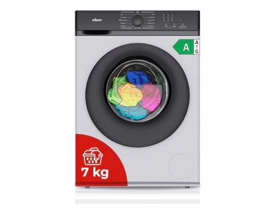 une machine à laver blanche avec un autocollant coloré sur le devant
